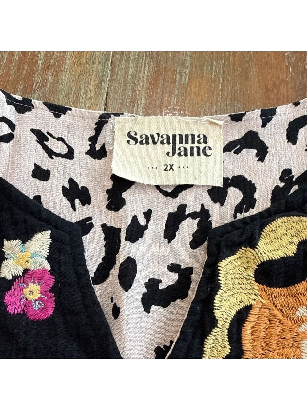 Savanna Jane Mini Dress 2X Beige Black Leopard Floral Multicolor Embroidery Boho - Picture 8 of 16